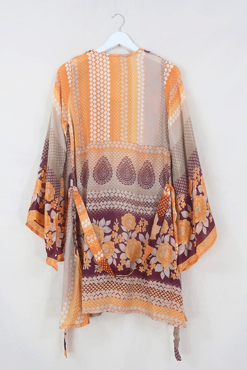 Karina Kimono Jacket - Vintage Sari - Rich Sangria & Sunset Floral - Free Size S/M by All About Audrey