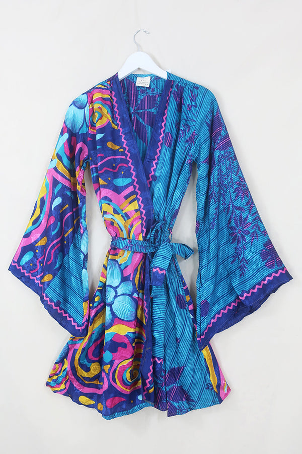 Karina Kimono Jacket - Vintage Sari - Azure Blue Retro Print - Free Size S by All About Audrey