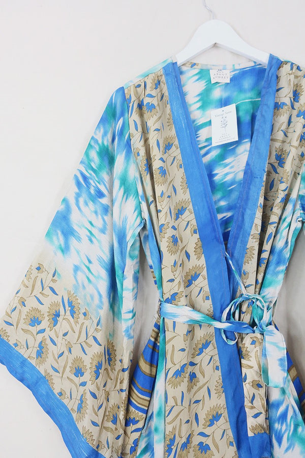 Karina Kimono Mini Dress - Vintage Sari - Marine Blue Mirage - Free Size XXL By All About Audrey
