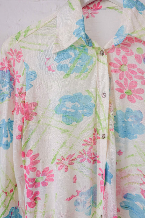 Vintage Blouse - Bright Bloom Floral Shirt - Size S By All About Audrey