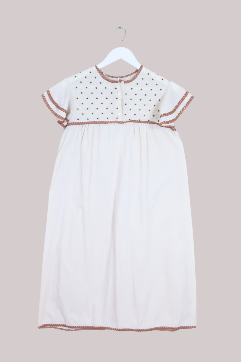Vintage Smock Mini Dress | Cream Oatmeal Embroidery