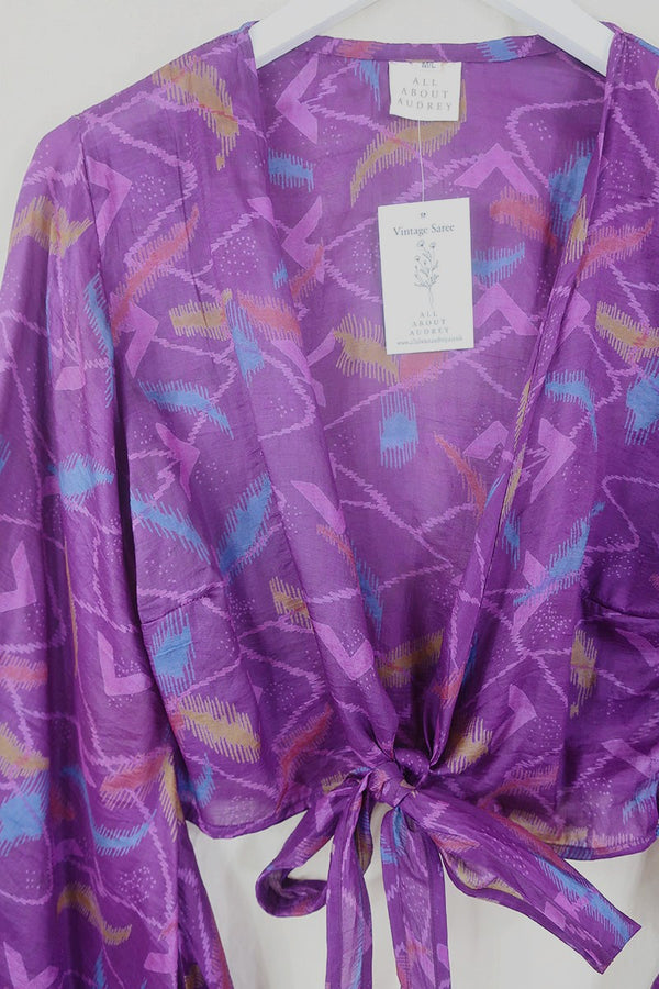 Venus Pure Silk Wrap Top - Pansy Purple Haze - Size M/L By All About Audrey