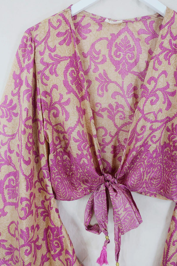 Venus Pure Silk Wrap Top - Champagne & Prairie Pink Swirls - Size M/L All About Audrey