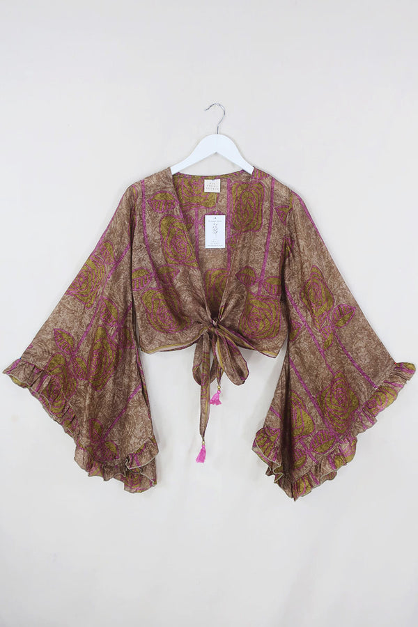 Venus Pure Silk Wrap Top - Marbled Earth Roses - Size M/L By All About Audrey