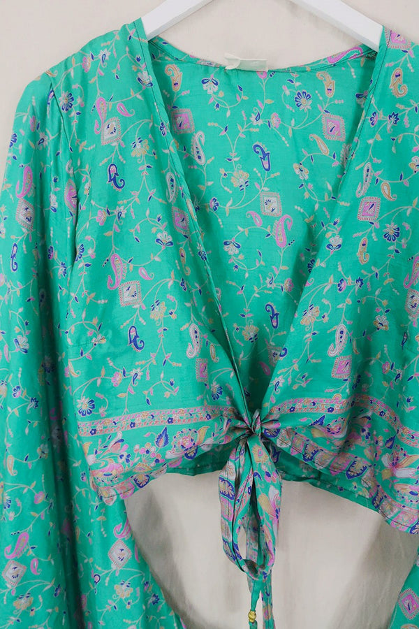 Venus Pure Silk Wrap Top - Lagoon Blue & Shell Pink Florals - Size M/L By All About Audrey
