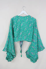Venus Pure Silk Wrap Top - Lagoon Blue & Shell Pink Florals - Size M/L By All About Audrey