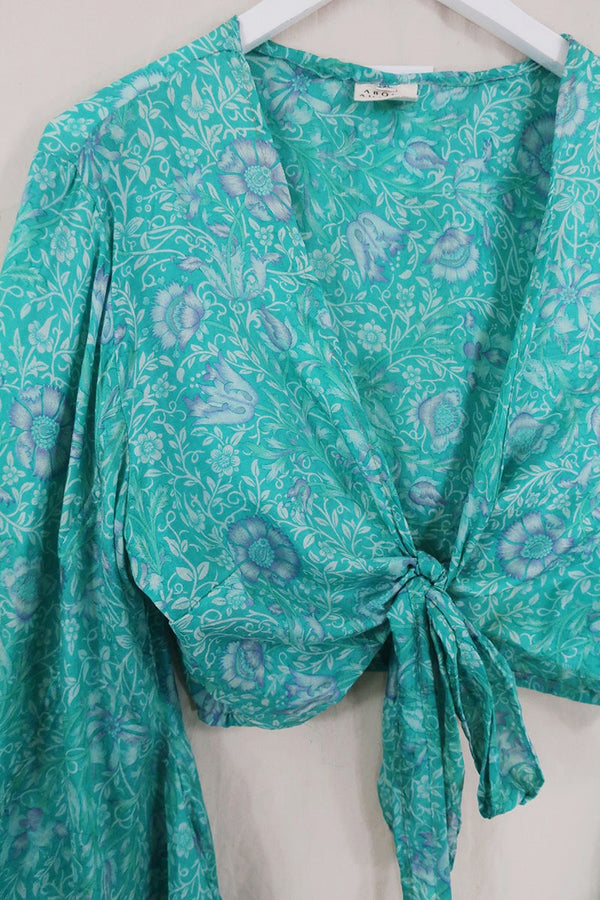 Venus Pure Silk Wrap Top - Aquamarine & Thistle Wildflower - Size XXL By All About Audrey