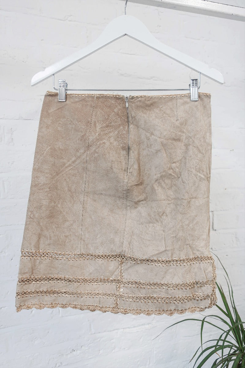 Vintage Skirt - Stone Beige Suede Crochet - Size M - W30 By All About Audrey