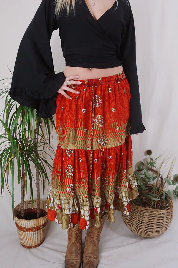 Rosie Midi Skirt - Vintage Indian Sari - Burnt Orange Apples - Free Size by All About Audrey