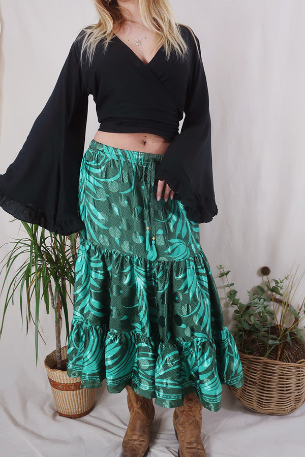 Rosie Midi Skirt - Vintage Indian Sari - Jade & Moss Floral - Free Size by All About About Audrey