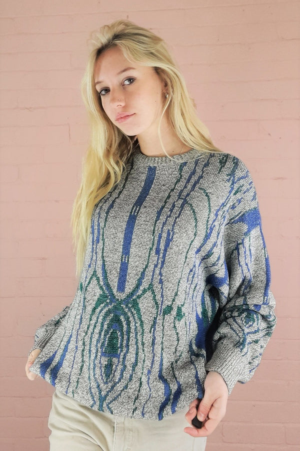 Vintage Grandad Jumper - Stone Grey, Blue & Green Abstract - L by All About Audrey