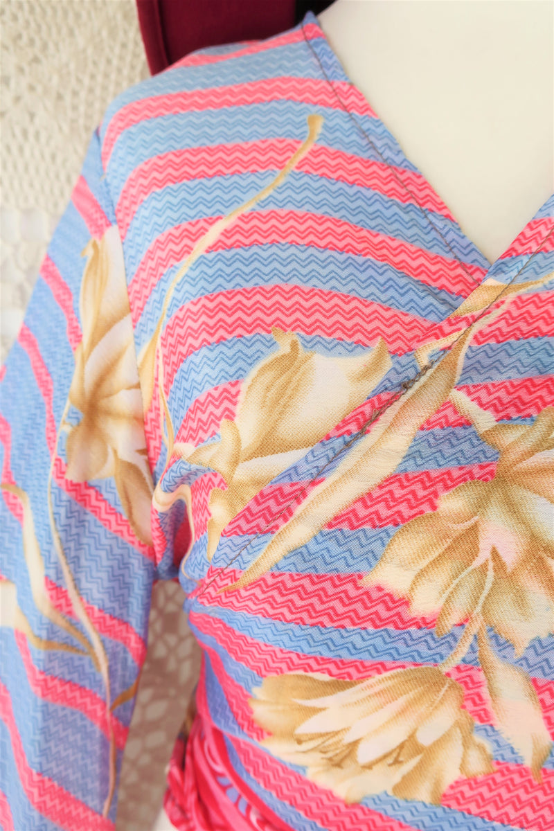 Gemini Wrap Top - Vintage Indian Sari - Powdered Pastel Flowers & Stripes - Size M/L