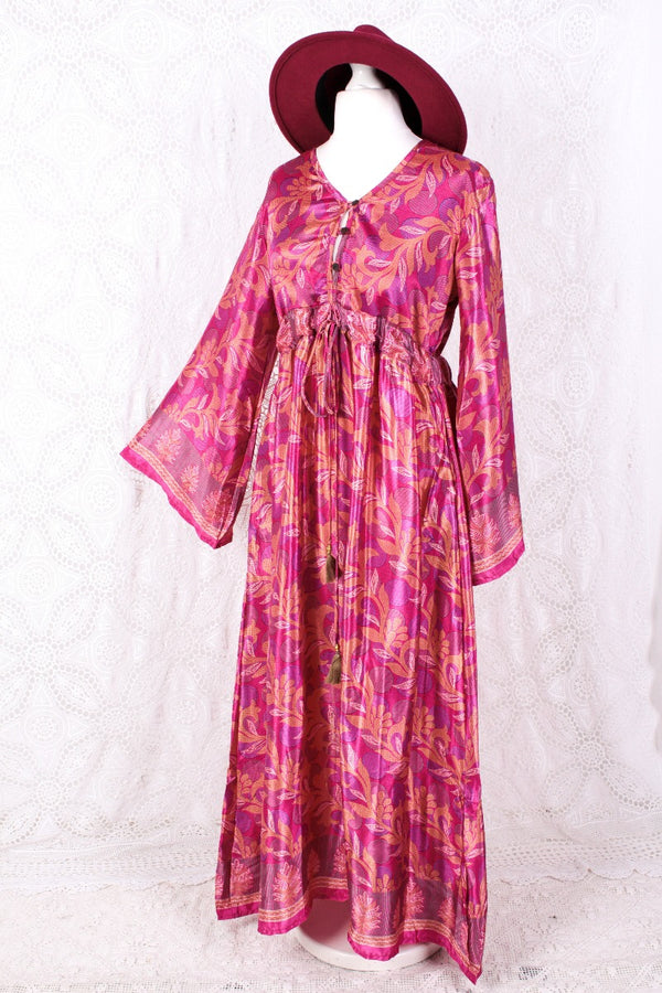 Lily Maxi Dress - Rich Pink Shimmer Vintage Sari - Size S/M