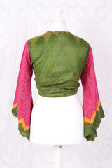 Gemini Wrap Top - Vintage Cotton Sari - Magenta Zig Zag With a Forest Green Back - S/M