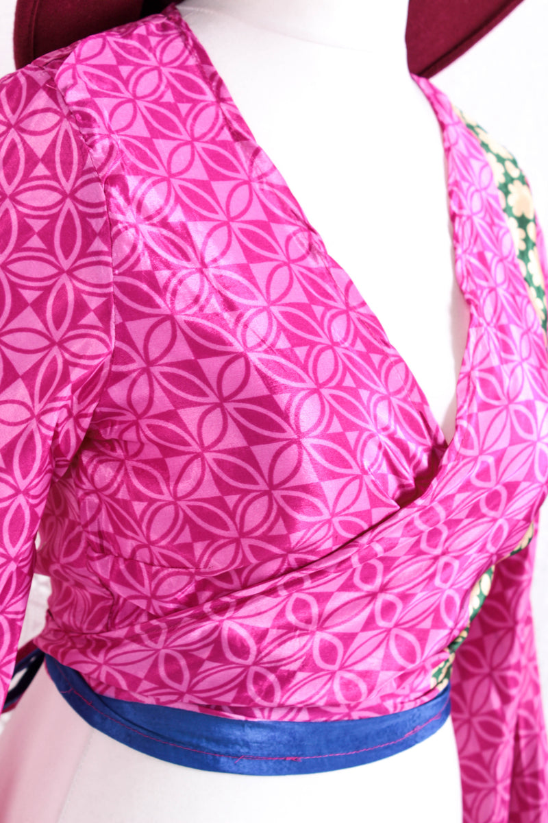 Gemini Wrap Top -  Vintage Indian Sari - Magenta Geometric Circles - S/M