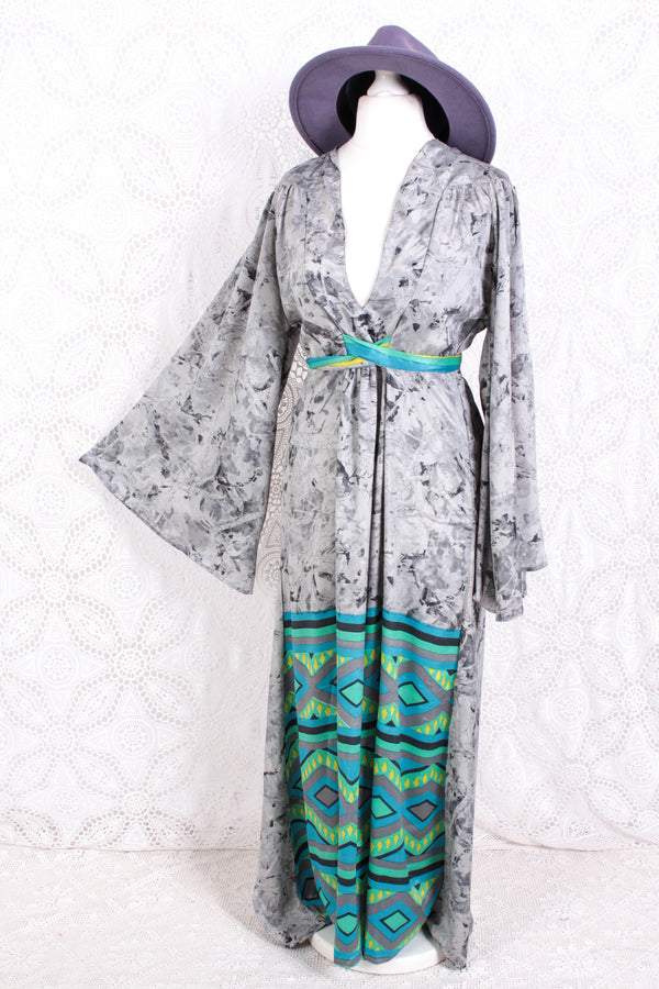 Stevie Maxi Dress - Vintage Indian Sari - Marbled Moon Grey - XS
