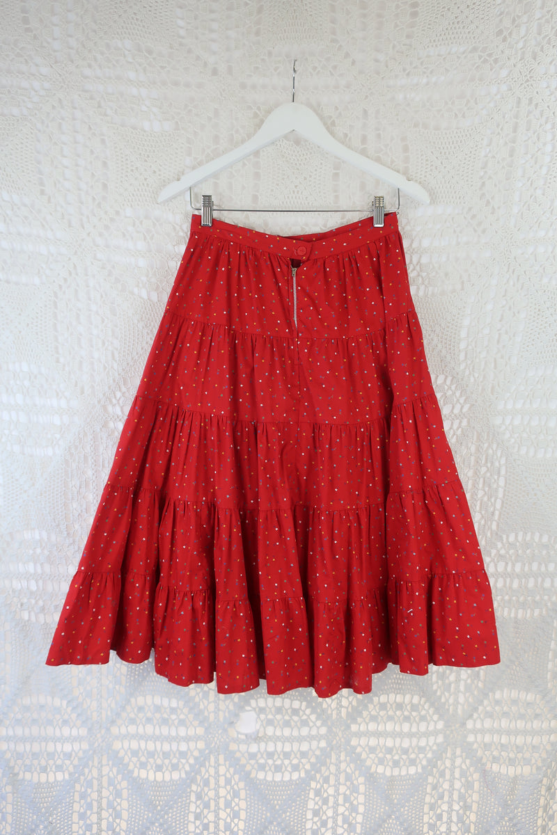 70's Vintage - Tiered Rara Midi Skirt - Red Floral - XXS