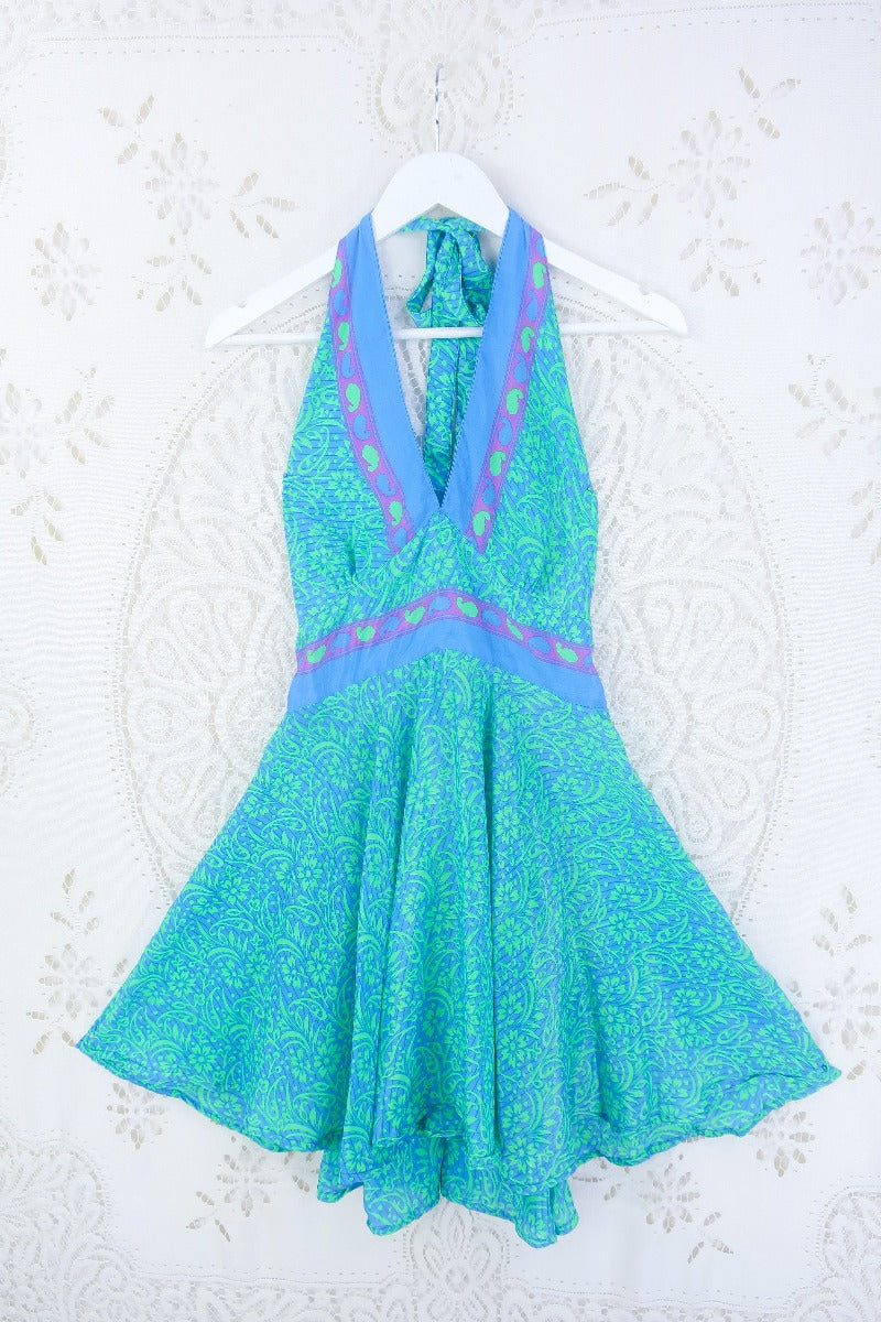 Vintage Blue Floral Mini Dress Outfit Halter Dress