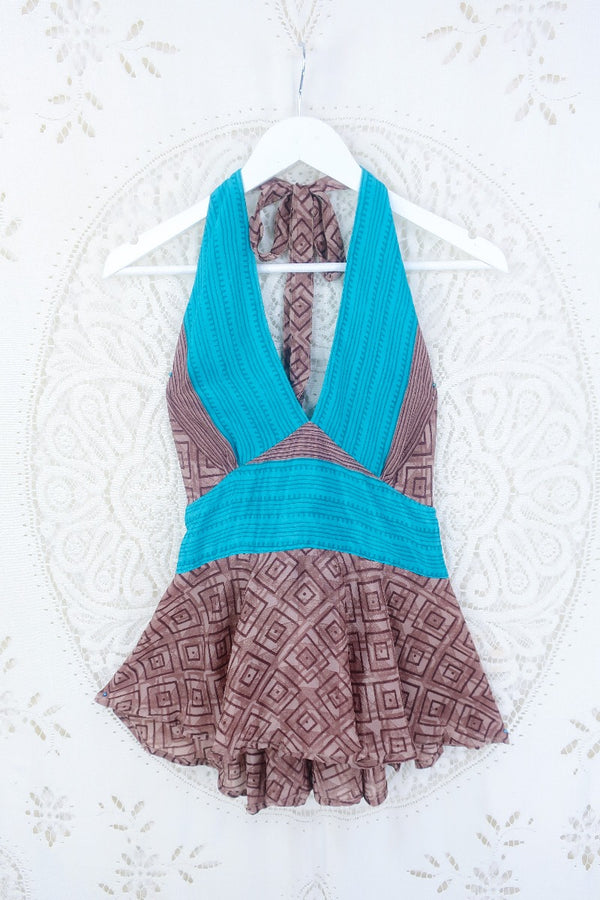 Sydney Halter Top - Cedar Brown & Ocean Blue Labyrinth - Vintage Sari - S/M by all about audrey