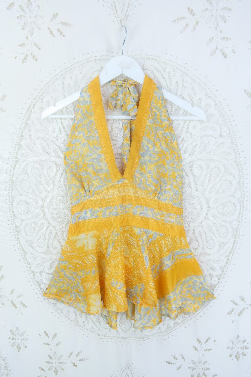Sydney Halter Top - Sunshine Golden Yellow & Blue Paisley - Vintage Sari - M/L by All About Audrey