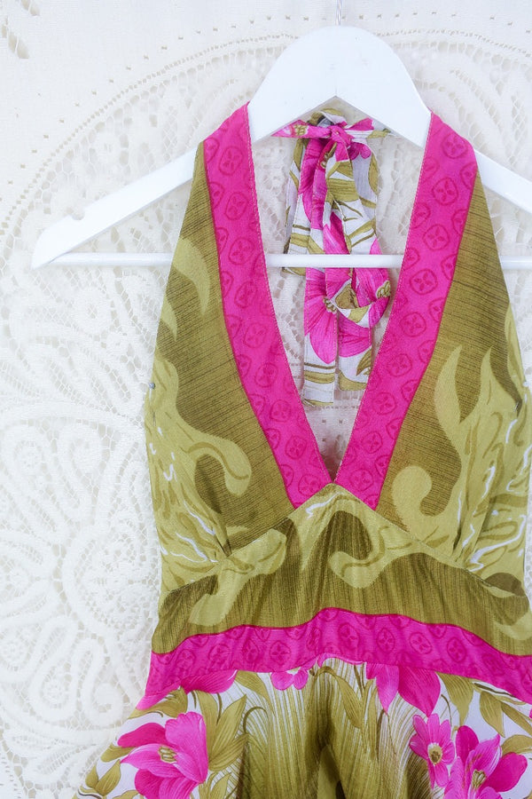 Sydney Halter Top -  Olive & Pink Garden- Vintage Sari- S/M by all about audrey