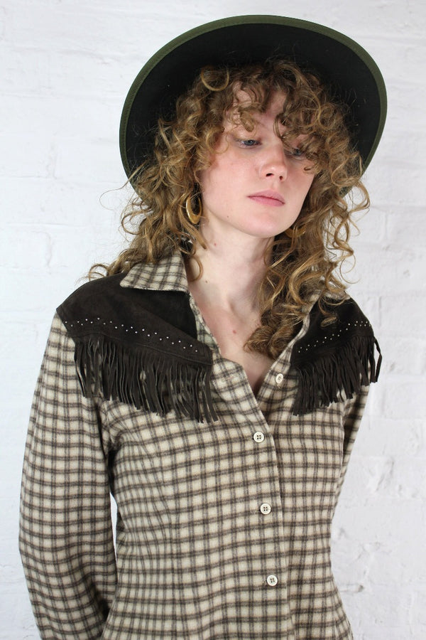 Vintage 70s Western Flannel Shirt With Fringed Suede Panelling - Size XS/S all about audrey