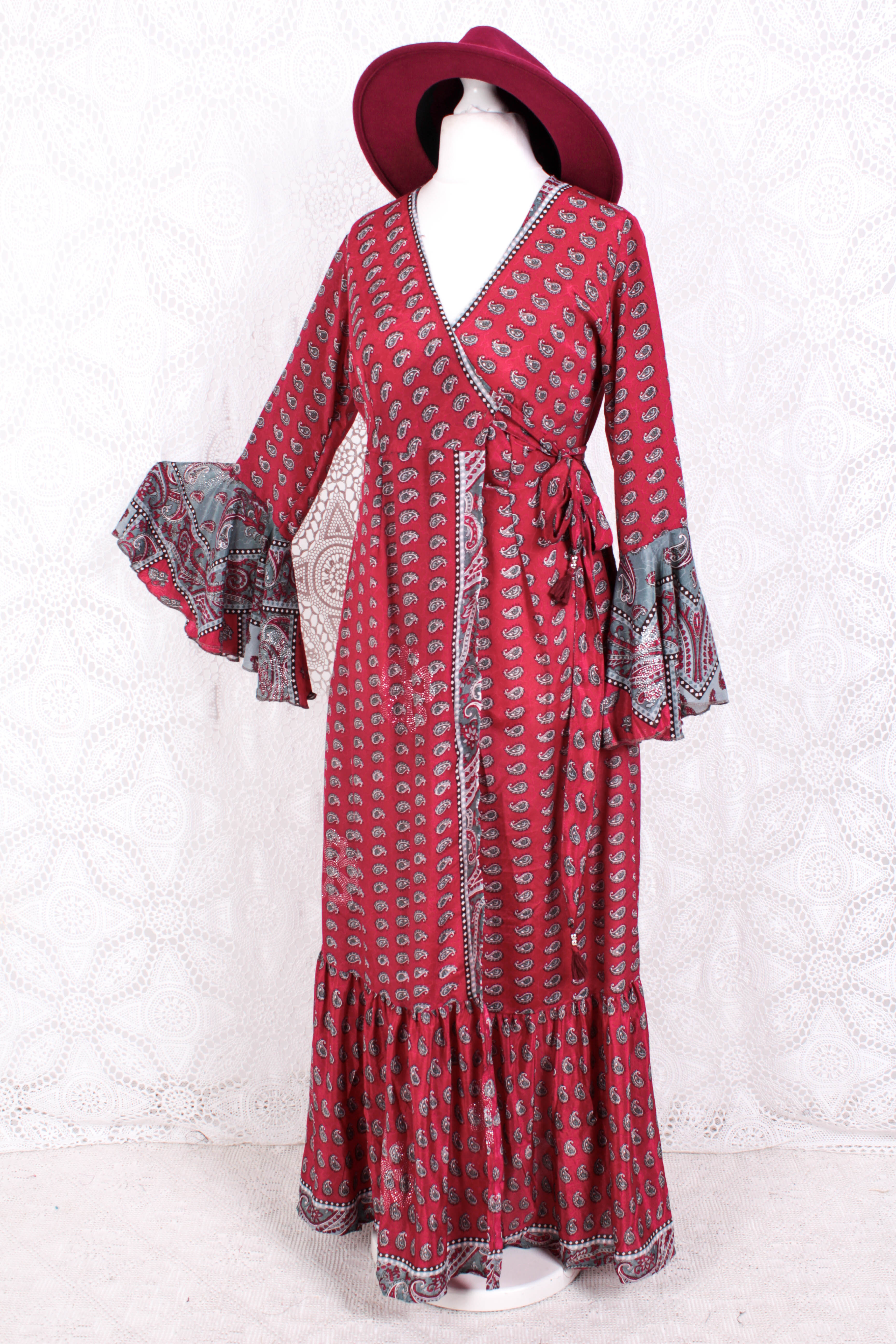 Sylvia Wrap Dress - Vintage Indian Sari - Pink & Silver Paisley (XS