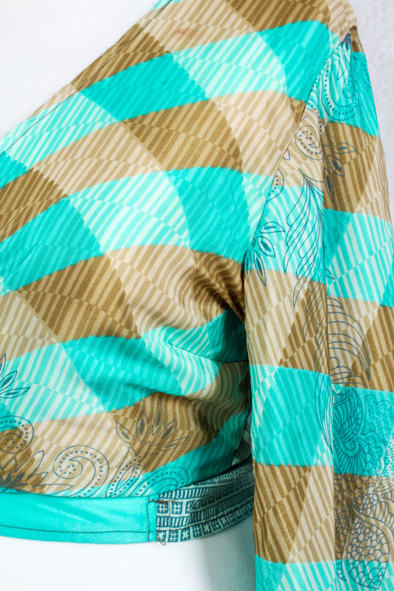 Gemini Wrap Top -  Vintage Indian Sari - Gold & Aqua Blue - Free Size