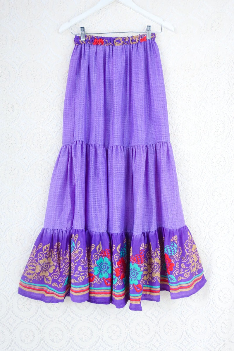 Rosie Maxi Skirt - Vintage Indian Sari - Violet Purple Border Floral - XS-S/M by All About Audrey