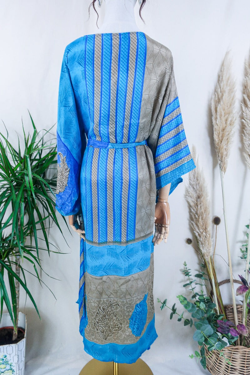 Aquaria Kimono Dress - Taupe & Turquoise Stripes - Vintage Sari - Free Size M/L By All About Audrey