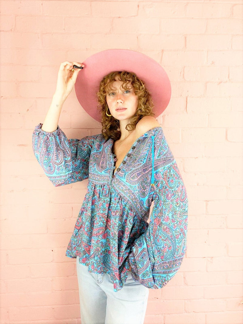 20% off | Florence Smock Top in Powder Blue & Peach Paisley Floral