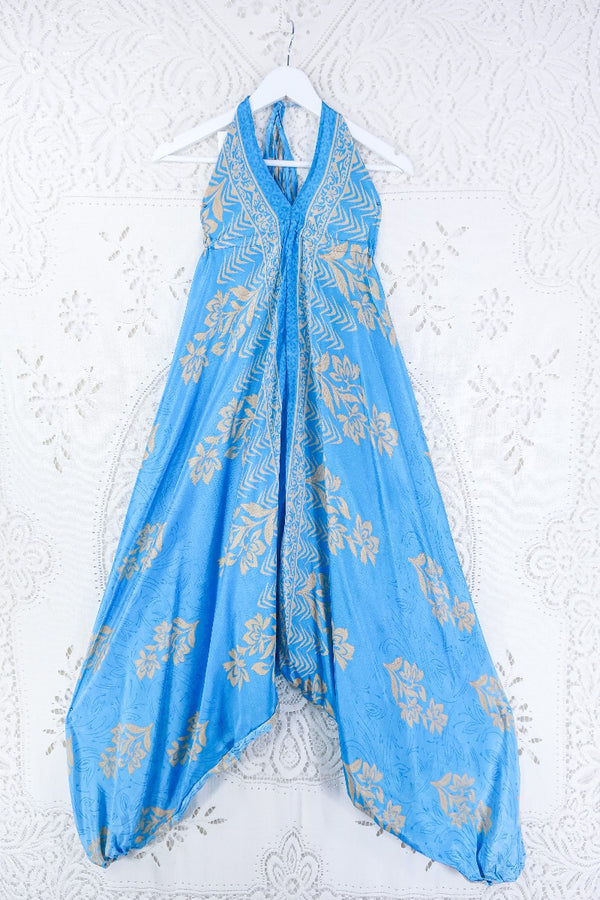 Medusa Harem Jumpsuit - Vintage Sari - Sky Blue & Beige Floral - S/M By All About Audrey