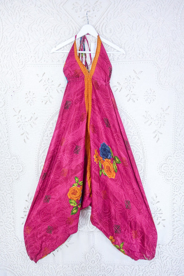 Medusa Harem Jumpsuit - Vintage Sari - Raspberry Pink Rose Floral - S/M By All About Audrey