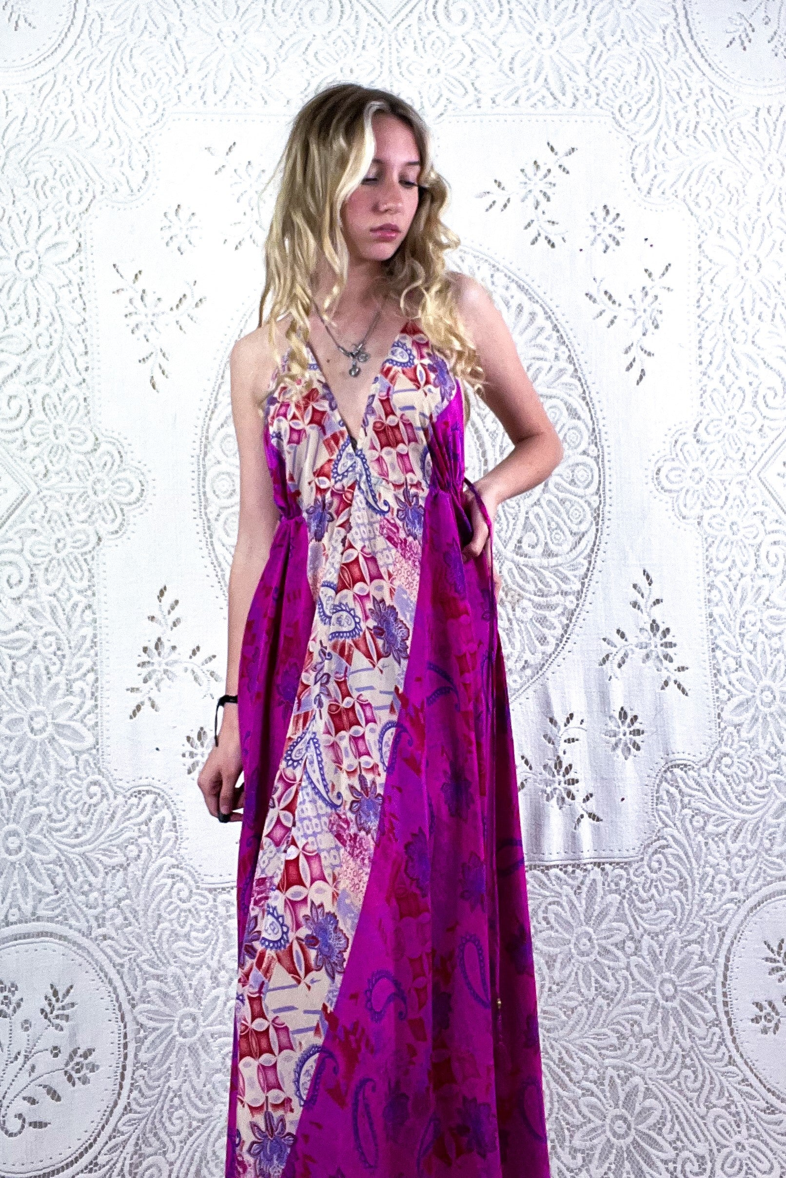 Halter Maxi Vintage Sari Psychedelic Pink Size S/M | All About Audrey  All  About Audrey Vintage Boutique
