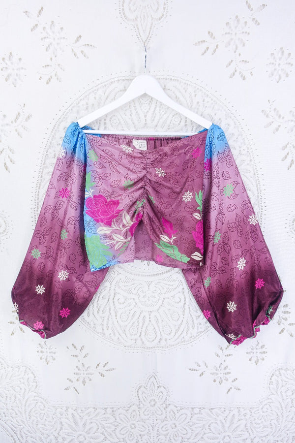Ariel Top - Vintage Indian Sari - Sangria & Sky Leaf Print - Free Size S - M/L By All About Audrey