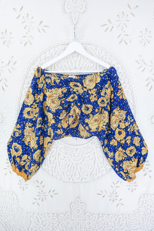 Ariel Top - Vintage Indian Sari - Cobalt Blue & Buttercup Rose Print - Free Size S - M/L By All About Audrey