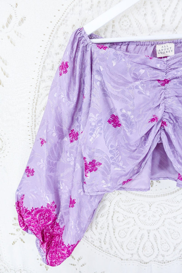 Ariel Top - Vintage Indian Sari - Mauve & Lily Shimmer - Free Size S - M/L By All About Audrey