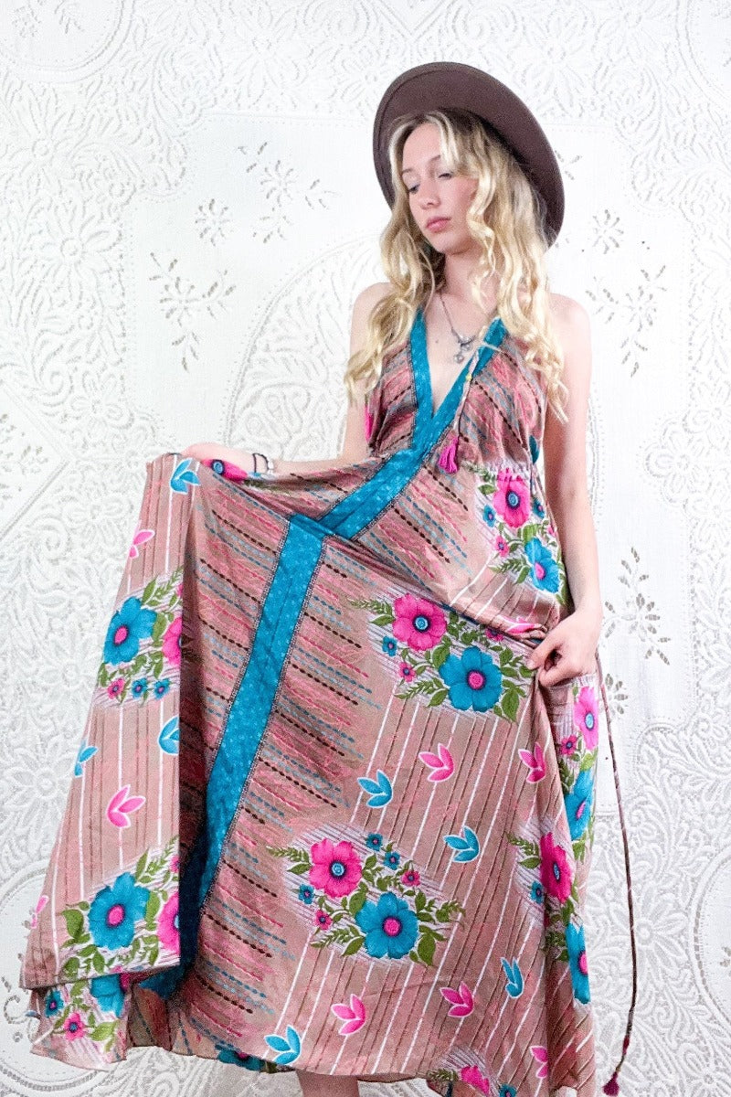 Halter Maxi Vintage Sari Turquoise Pink Floral M/L | All About Audrey  All  About Audrey Vintage Boutique