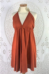 Medusa Short Halter Dress - Plain Block Colour Rayon - Burnt Orange  (Free Size) By All About Audrey
