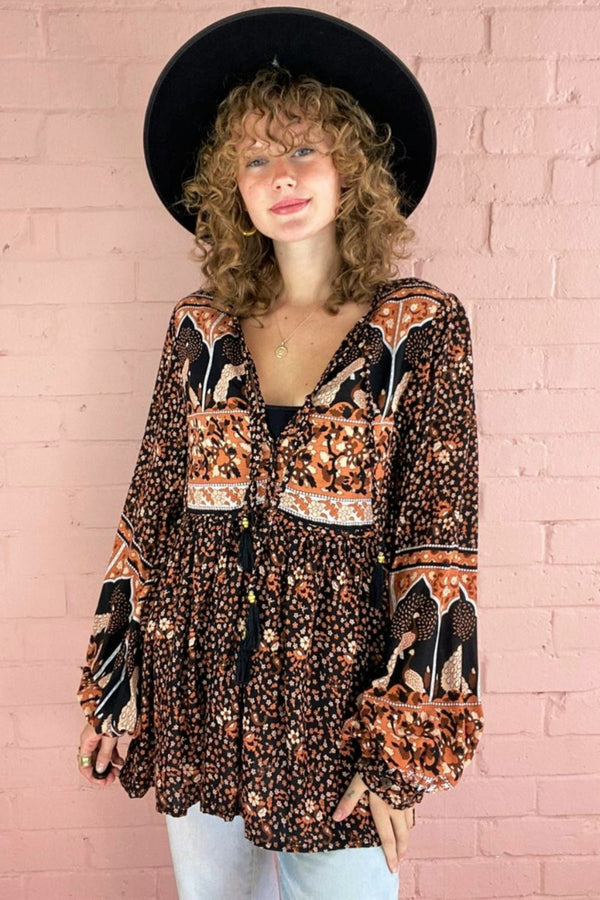 Peacock Prairie Bohemian Smock Top - Jet Black & Terracotta Rayon - ALL SIZES by All About Audrey