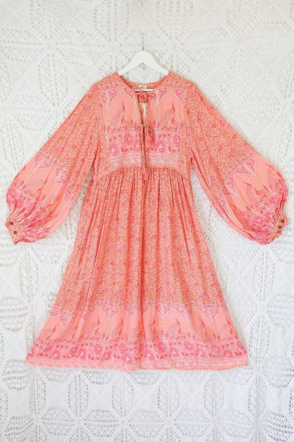 Peacock Primrose Boho Balloon Sleeve Midi Smock Dress - Peachy Rose Rayon - ALL SIZES by All About Audrey