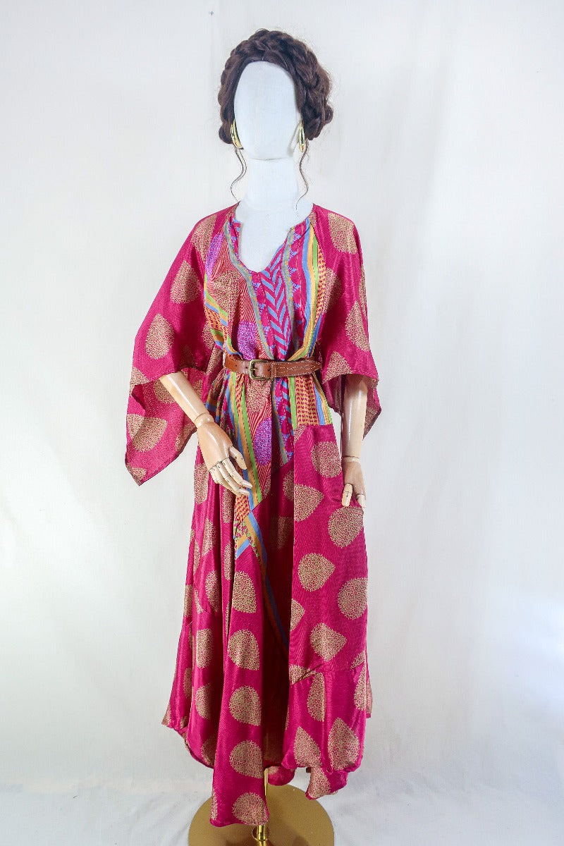 Goddess Dress Blazing Pink Multicoloured Patchwork Vintage Sari Free Size