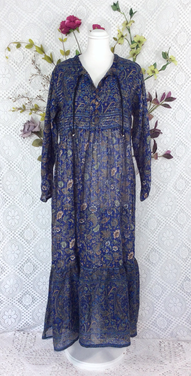 SALE Florence Dress - Sparkly Indian Cotton Smock Dress - Midnight Blue & Sage - Size S/M