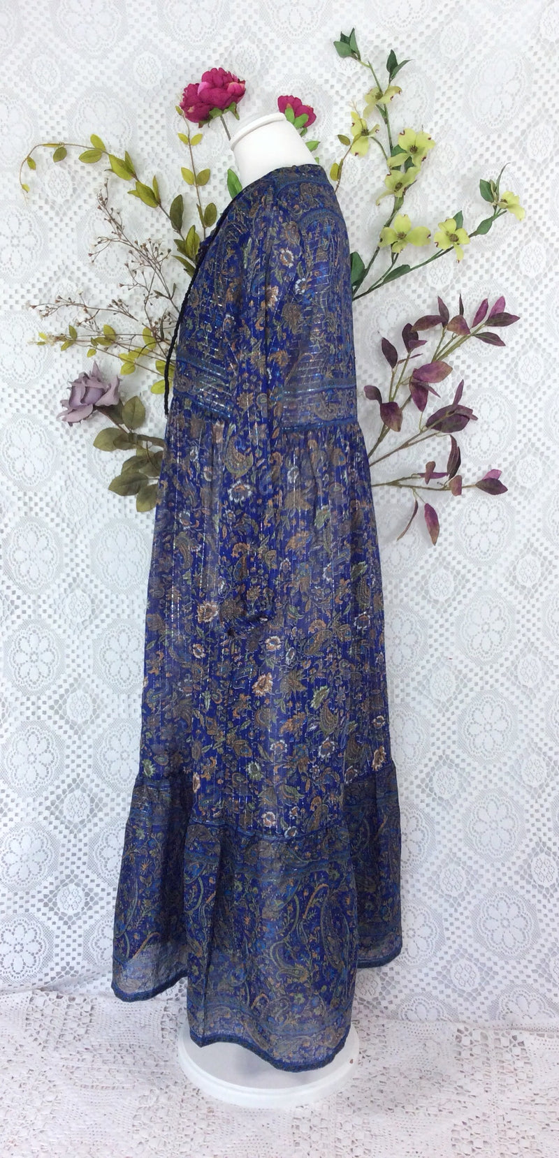 SALE Florence Dress - Sparkly Indian Cotton Smock Dress - Midnight Blue & Sage - Size XS