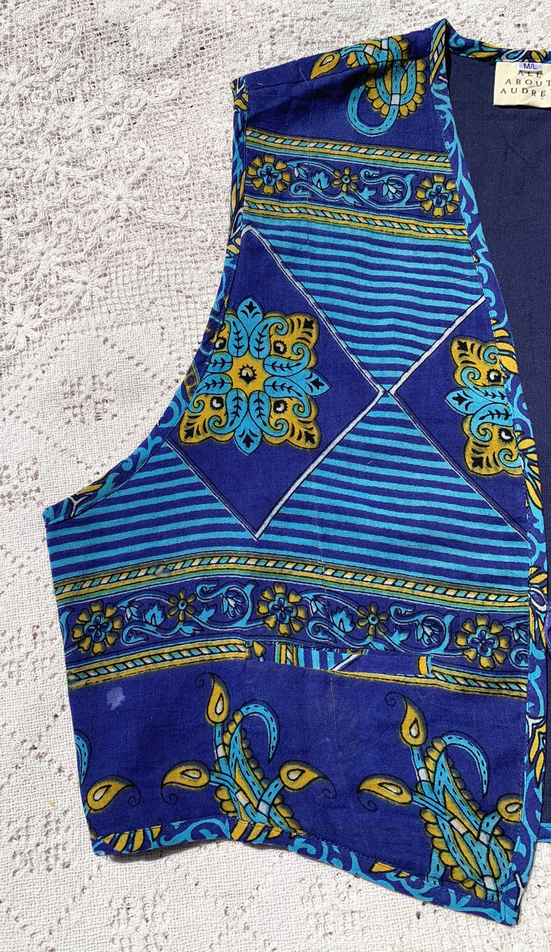 Dixie Waistcoat - Vintage Indian Cotton - Azure, Turquoise & Gold Tile Paisley - Size M/L