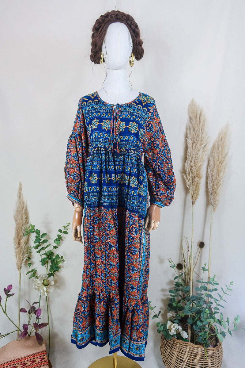 Poppy Smock Dress Vintage Sari Burnt Orange Galaxy Blue S M