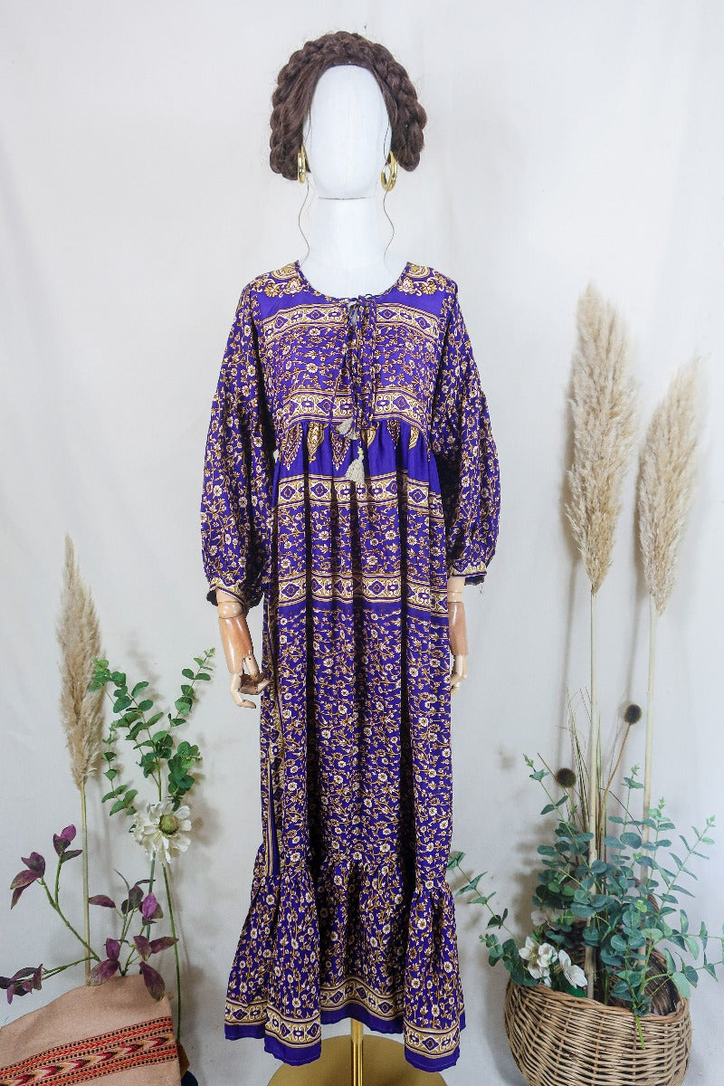 Vintage Sari Smock Maxi | Plum & Golden Cream | XS Vintage Sari Smock Maxi | Plum & Golden Cream | XS