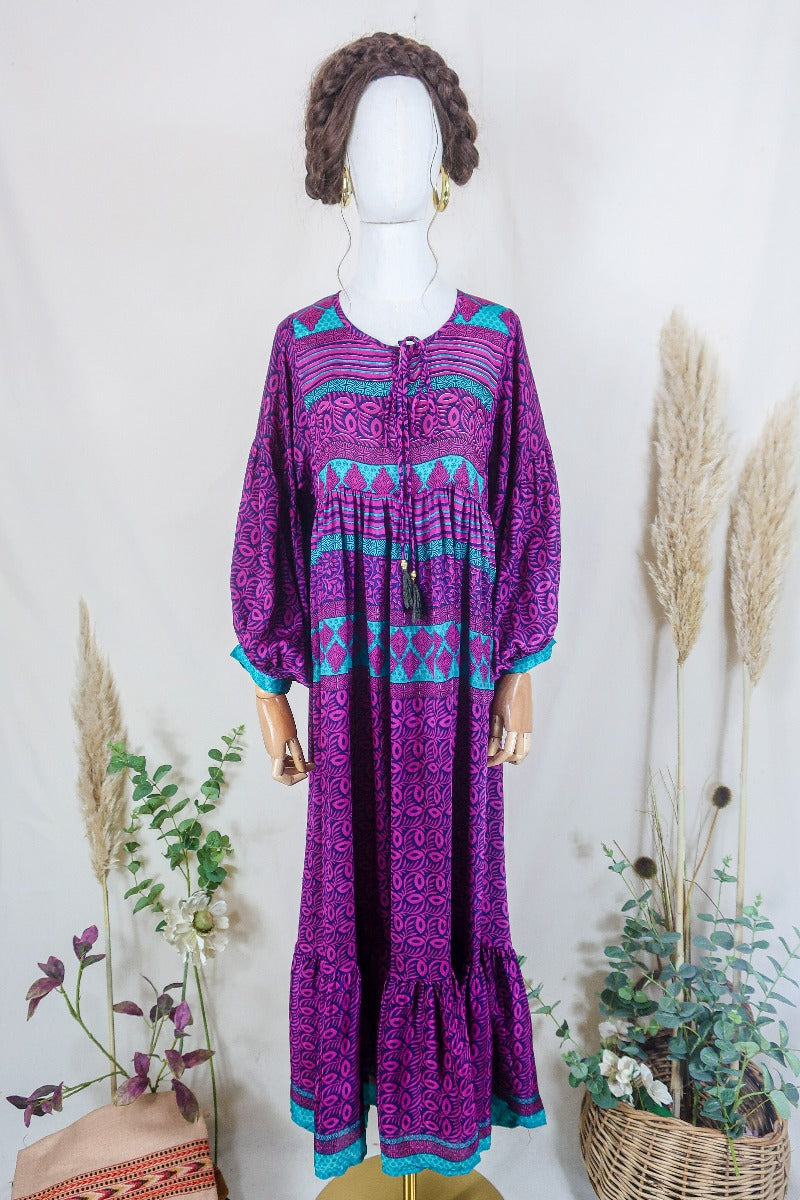 Vintage Sari Smock Maxi Magenta Purple XS All About Audrey