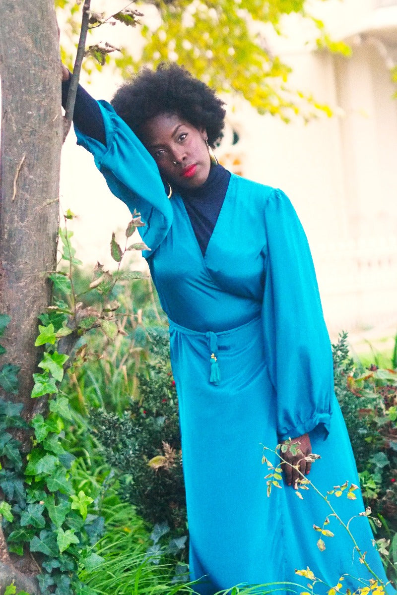 Khroma Lola Wrap Dress in Persian Teal All About Audrey Vintage Boutique Khroma Lola Wrap Dress in Persian Teal All About Audrey Vintage Boutique