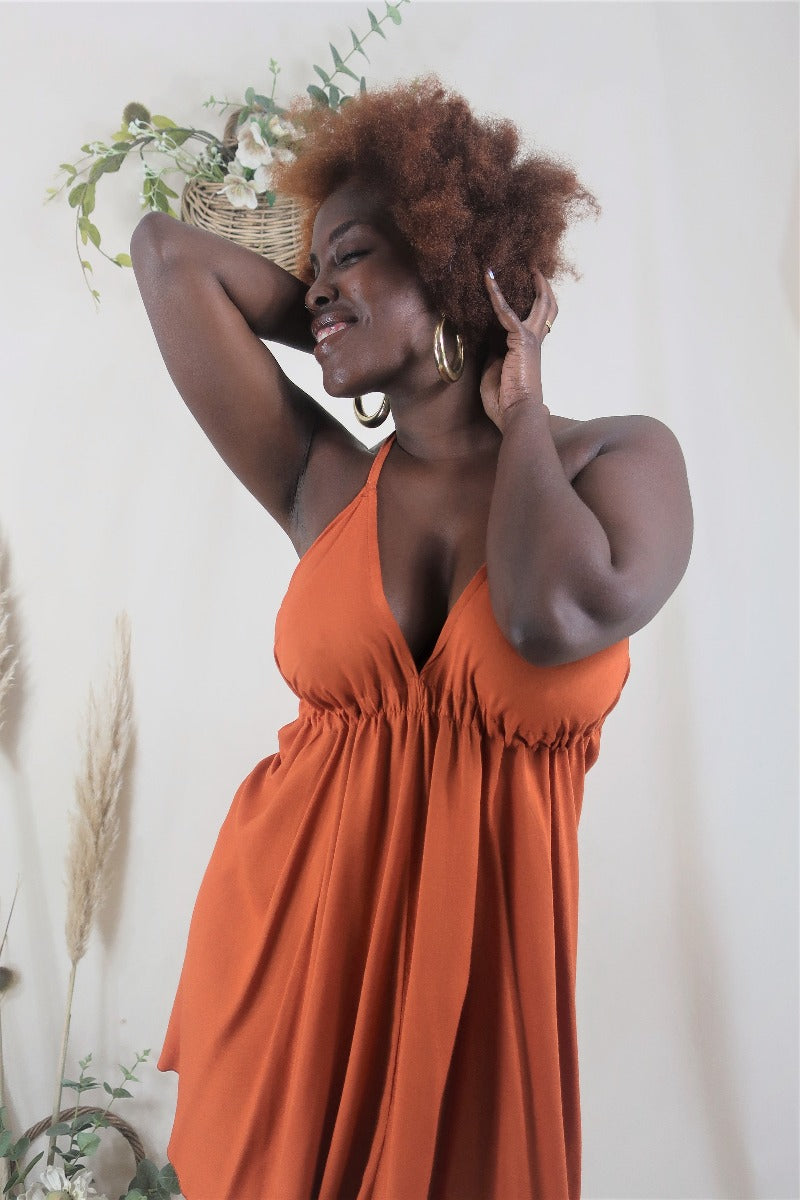 Khroma Medusa Mini Halter Dress in Burnt Orange - Free Size All About Audrey Vintage Boutique Khroma Medusa Mini Halter Dress in Burnt Orange - Free Size All About Audrey Vintage Boutique